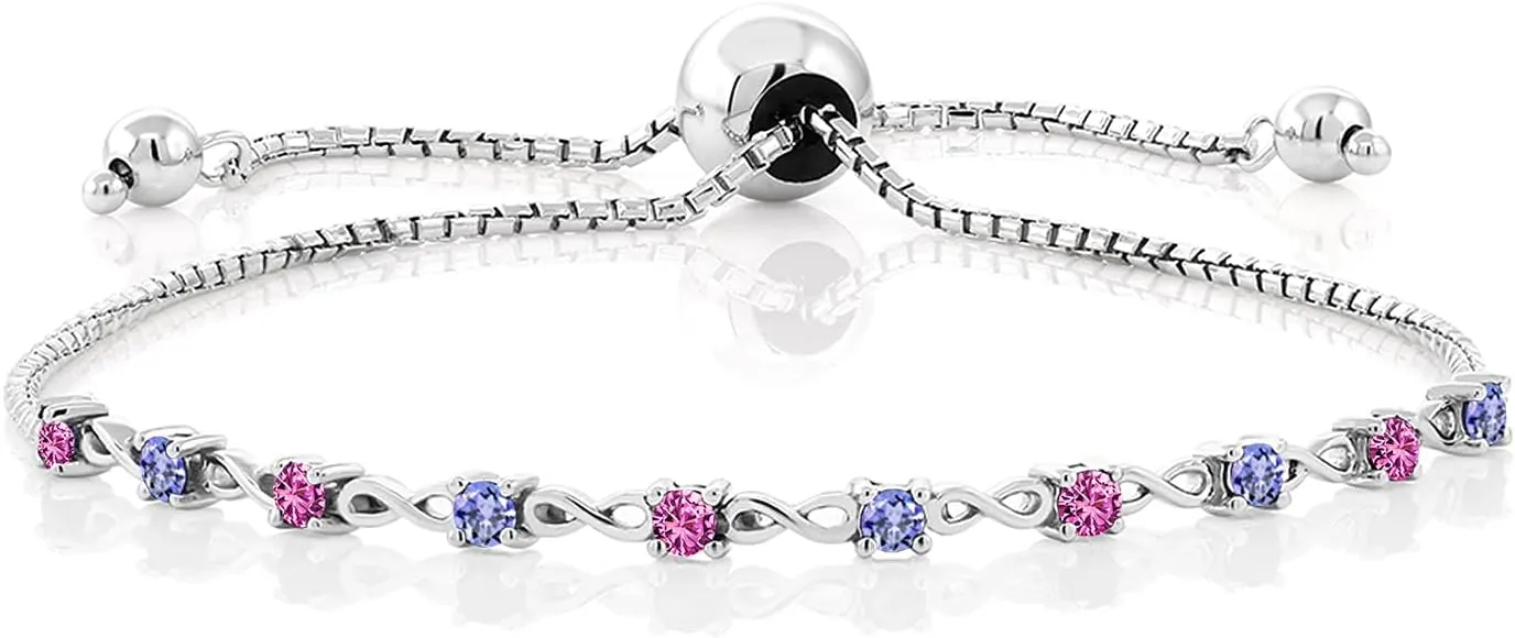 Gem Stone King 925 Sterling Silver Pink Created Sapphire and Blue Tanzanite Women Tennis Bracelet (0.65 Ct Round 2.5MM, Fully Adjustable Up to 9 Inch)