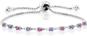 Gem Stone King 925 Sterling Silver Pink Created Sapphire and Blue Tanzanite Women Tennis Bracelet (0.65 Ct Round 2.5MM, Fully Adjustable Up to 9 Inch)