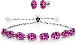 Gem Stone King 925 Sterling Silver Pink Created Sapphire Bracelet and Earrings Jewelry Set For Women (9.00 Cttw, Gemstone September Birthstone, Oval 7X5MM, Fully Adjustable Up to 9 Inch)