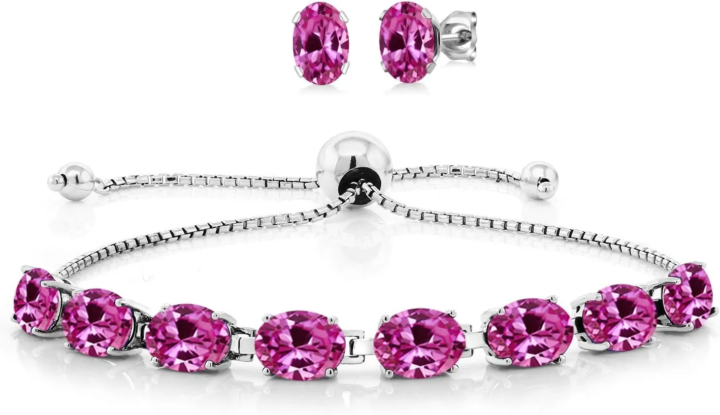 Gem Stone King 925 Sterling Silver Pink Created Sapphire Bracelet and Earrings Jewelry Set For Women (9.00 Cttw, Gemstone September Birthstone, Oval 7X5MM, Fully Adjustable Up to 9 Inch)