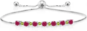 Gem Stone King 925 Sterling Silver Round Red Ruby and Green Peridot Tennis Bracelet For Women (1.27 Cttw, Gemstone Birthstone, Fully Adjustable Up to 9 Inch)