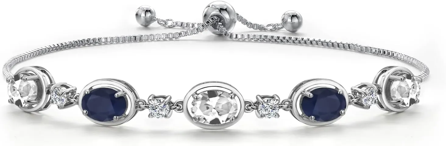 Gem Stone King 925 Sterling Silver White Created Sapphire and Blue Sapphire Bracelet For Women | 5.00 Cttw | Gemstone September Birthstone | Oval 7X5MM | Fully Adjustable 9 Inch