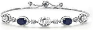 Gem Stone King 925 Sterling Silver White Created Sapphire and Blue Sapphire Bracelet For Women | 5.00 Cttw | Gemstone September Birthstone | Oval 7X5MM | Fully Adjustable 9 Inch