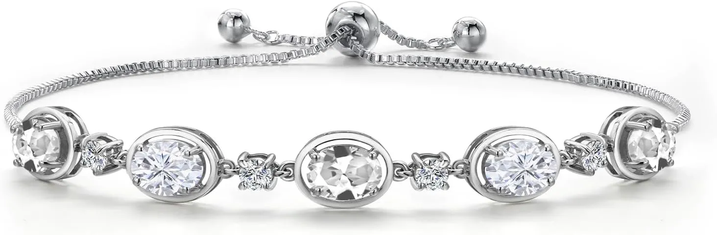 Gem Stone King 925 Sterling Silver White Created Sapphire and Moissanite Bracelet For Women | 4.80 Cttw | Gemstone September Birthstone | Oval 7X5MM | Fully Adjustable 9 Inch