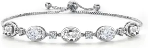 Gem Stone King 925 Sterling Silver White Created Sapphire and Moissanite Bracelet For Women | 4.80 Cttw | Gemstone September Birthstone | Oval 7X5MM | Fully Adjustable 9 Inch