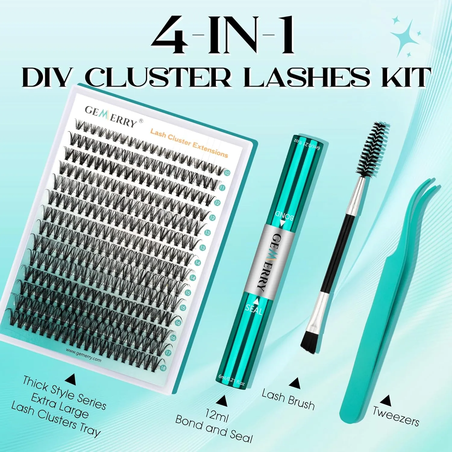 GEMERRY Thick Lash Clusters Kit Fluffy Lash Extension Kit Cluster Lashes 280Pcs D Curl Eyelash Extension Kit With Bond and Seal, Lash Tweezers, DIY Lash Extension(100P-8-16mm)