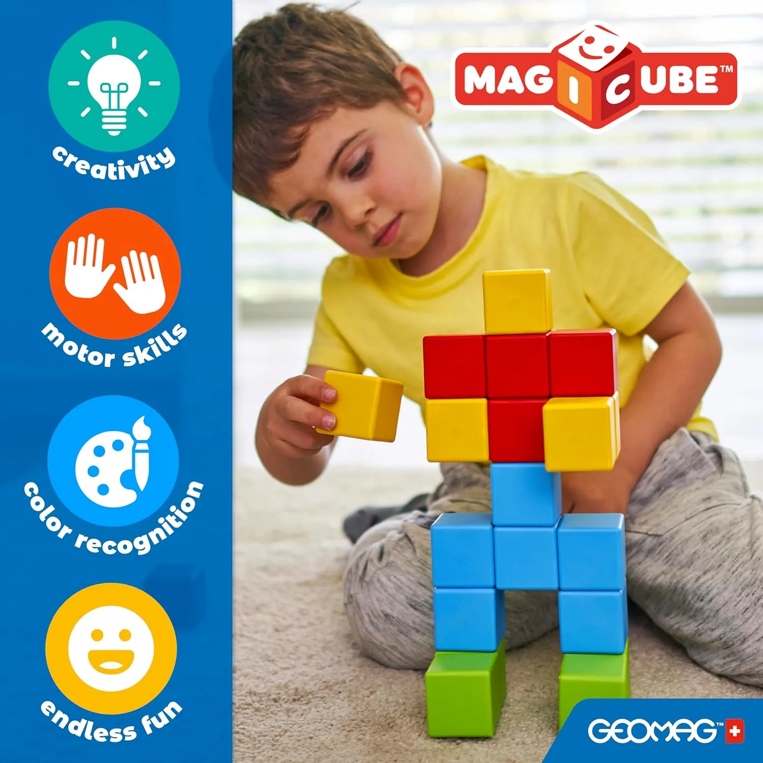 Geomag Magnet Blocks, Plastic Toy Magnets for Kids, Ideal for Indoor Recess Games for Classroom, Kids Ages 1-3, Large Magnetic Blocks for Ages 4-8, with Safe Magnetics Design.