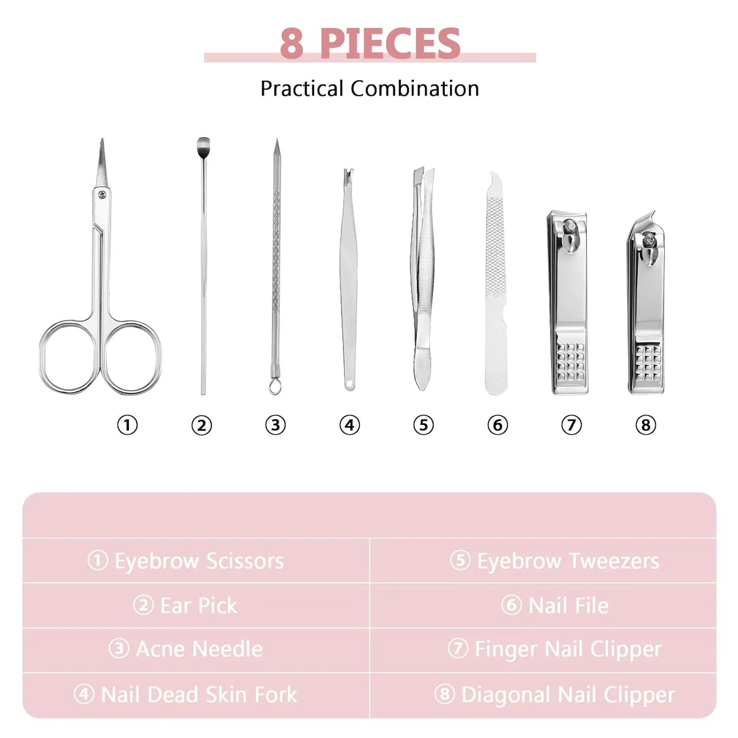 Geosar 12 Sets Manicure Set Nail Clippers Pedicure Kit 8 in 1 Stainless Steel Professional Grooming Kits Nail Care Tools with Travel Case for Men Women(Glitter Pink)