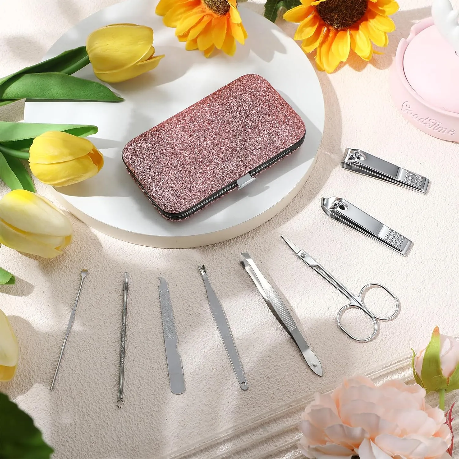 Geosar 12 Sets Manicure Set Nail Clippers Pedicure Kit 8 in 1 Stainless Steel Professional Grooming Kits Nail Care Tools with Travel Case for Men Women(Glitter Pink)