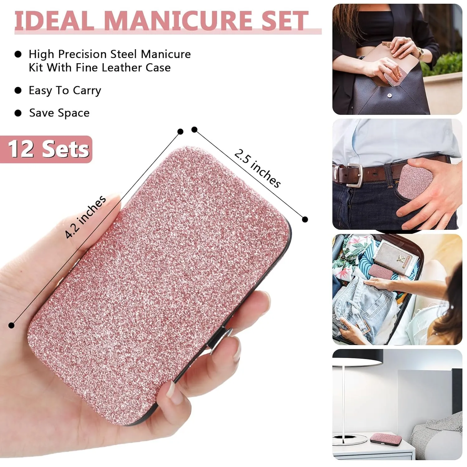 Geosar 12 Sets Manicure Set Nail Clippers Pedicure Kit 8 in 1 Stainless Steel Professional Grooming Kits Nail Care Tools with Travel Case for Men Women(Glitter Pink)