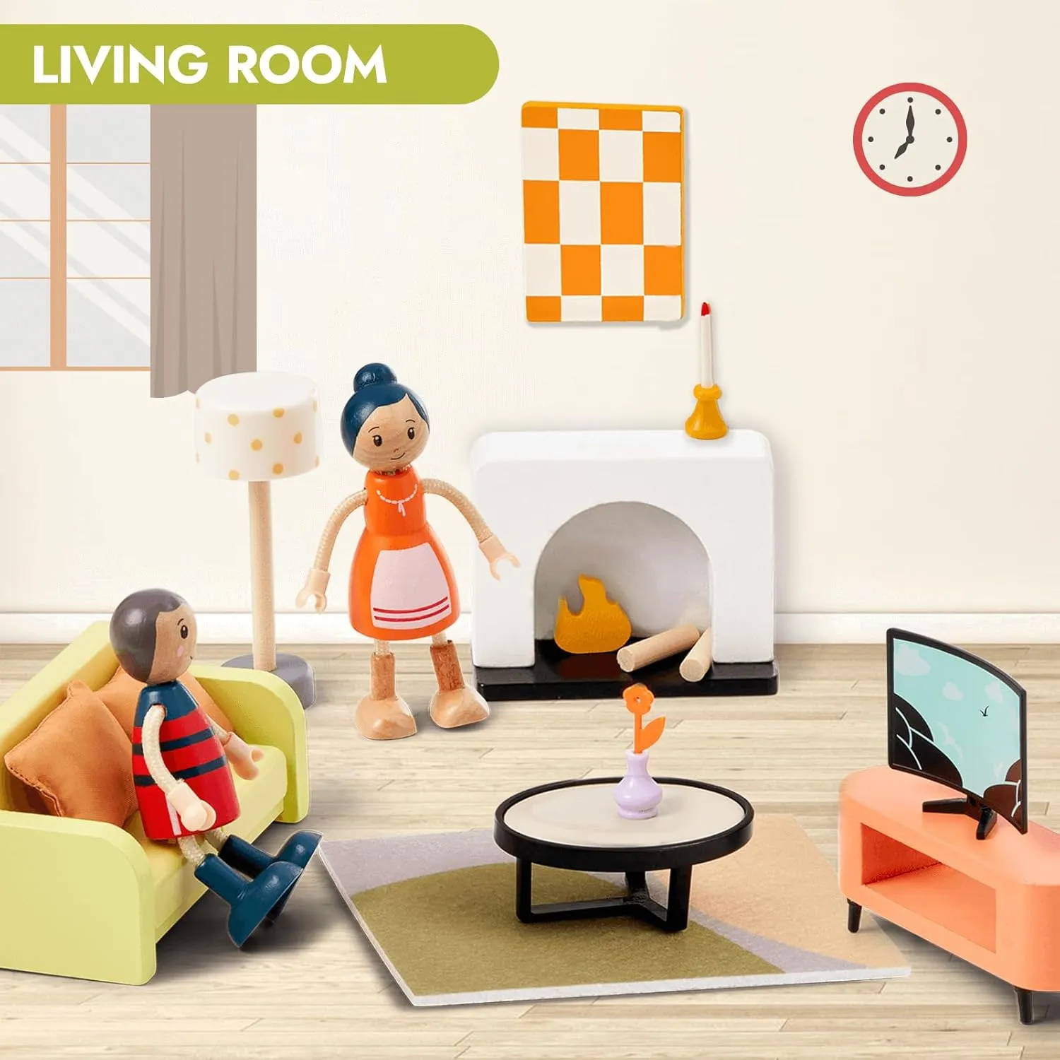 Giant bean 85pcs Wooden Plastic Dollhouse Furniture Set for 6 Rooms, Modern Dollhouse Accessories Pretend Play Furniture Toys Gift for Boys Girls Toddlers & Kids 3 4 5 6 7 Years and up