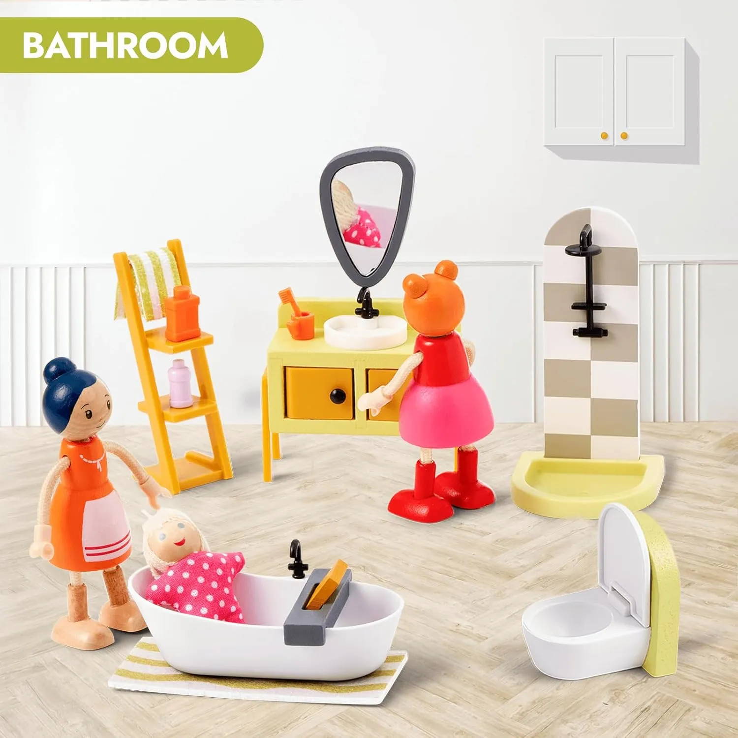Giant bean 85pcs Wooden Plastic Dollhouse Furniture Set for 6 Rooms, Modern Dollhouse Accessories Pretend Play Furniture Toys Gift for Boys Girls Toddlers & Kids 3 4 5 6 7 Years and up