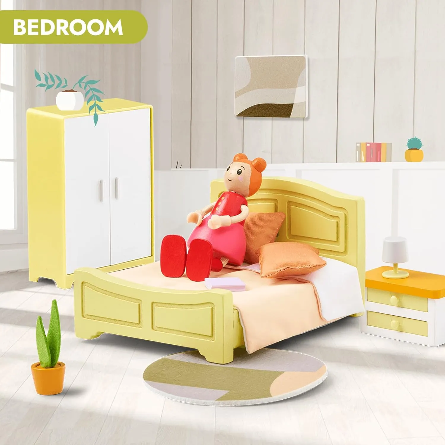 Giant bean 85pcs Wooden Plastic Dollhouse Furniture Set for 6 Rooms, Modern Dollhouse Accessories Pretend Play Furniture Toys Gift for Boys Girls Toddlers & Kids 3 4 5 6 7 Years and up