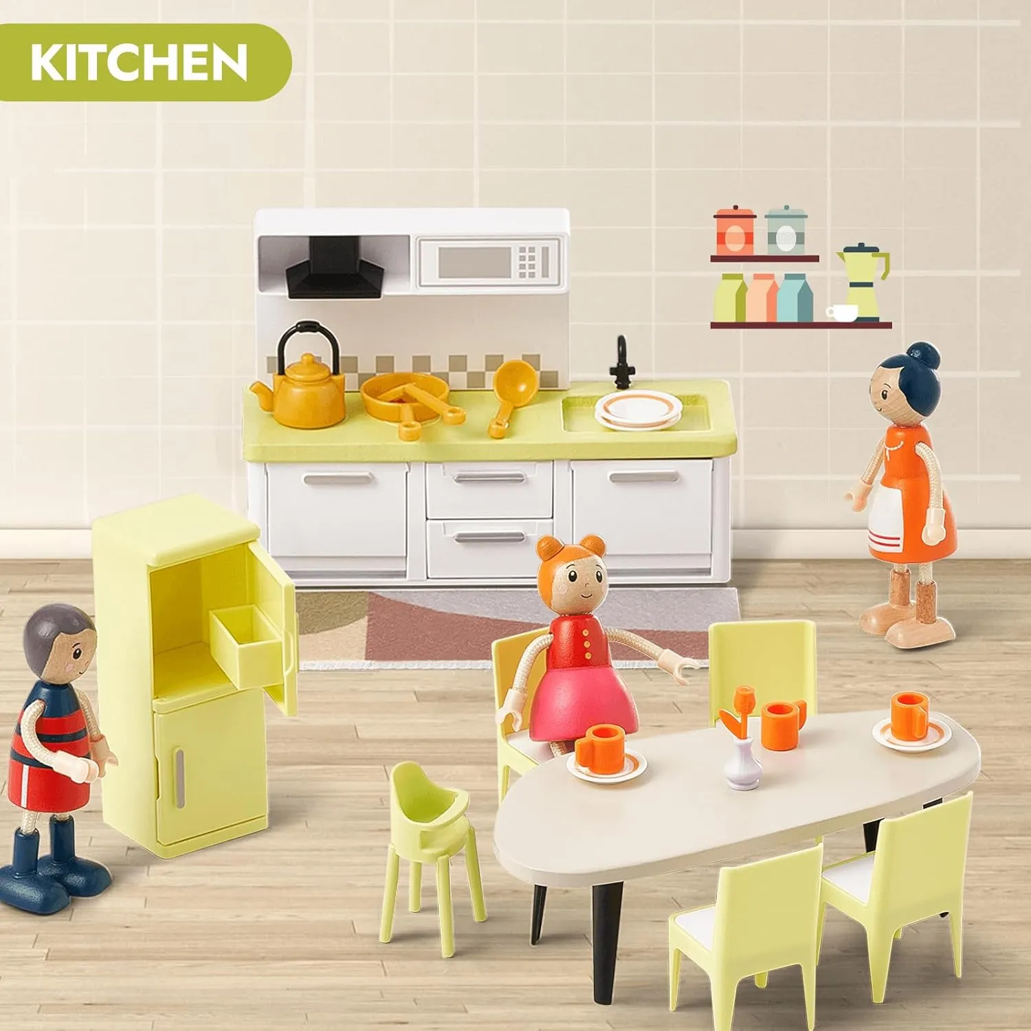 Giant bean 85pcs Wooden Plastic Dollhouse Furniture Set for 6 Rooms, Modern Dollhouse Accessories Pretend Play Furniture Toys Gift for Boys Girls Toddlers & Kids 3 4 5 6 7 Years and up