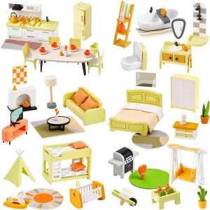 Giant bean 85pcs Wooden Plastic Dollhouse Furniture Set for 6 Rooms, Modern Dollhouse Accessories Pretend Play Furniture Toys Gift for Boys Girls Toddlers & Kids 3 4 5 6 7 Years and up