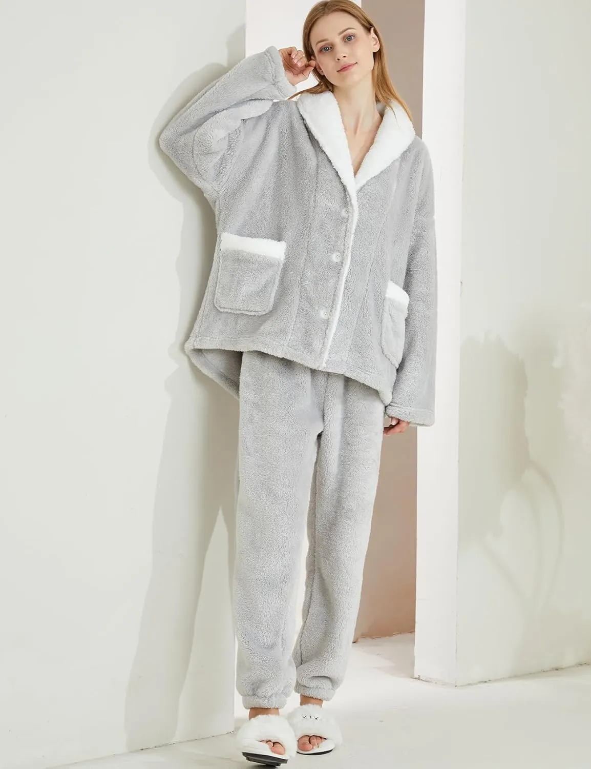 Gihuo Womens Pajamas Set Fluffy 2 Piece Pjs Fuzzy Top Pants Loose Coral Fleece Loungewear Sleepwear Winter Warm Pj