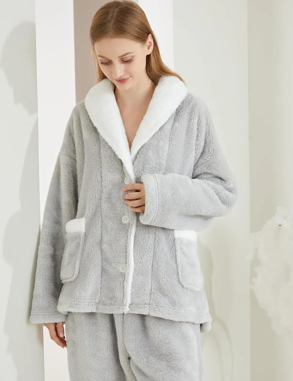 Gihuo Womens Pajamas Set Fluffy 2 Piece Pjs Fuzzy Top Pants Loose Coral Fleece Loungewear Sleepwear Winter Warm Pj