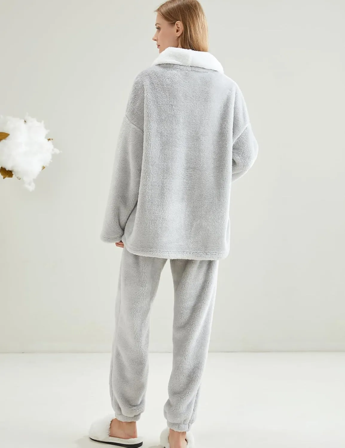 Gihuo Womens Pajamas Set Fluffy 2 Piece Pjs Fuzzy Top Pants Loose Coral Fleece Loungewear Sleepwear Winter Warm Pj