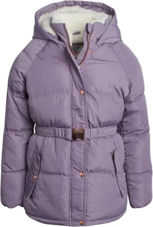 Girls' Quilted Puffer Jacket - Faux Memory Belted Winter Coat for Girls with Cozy Sherpa Lining (7-16)