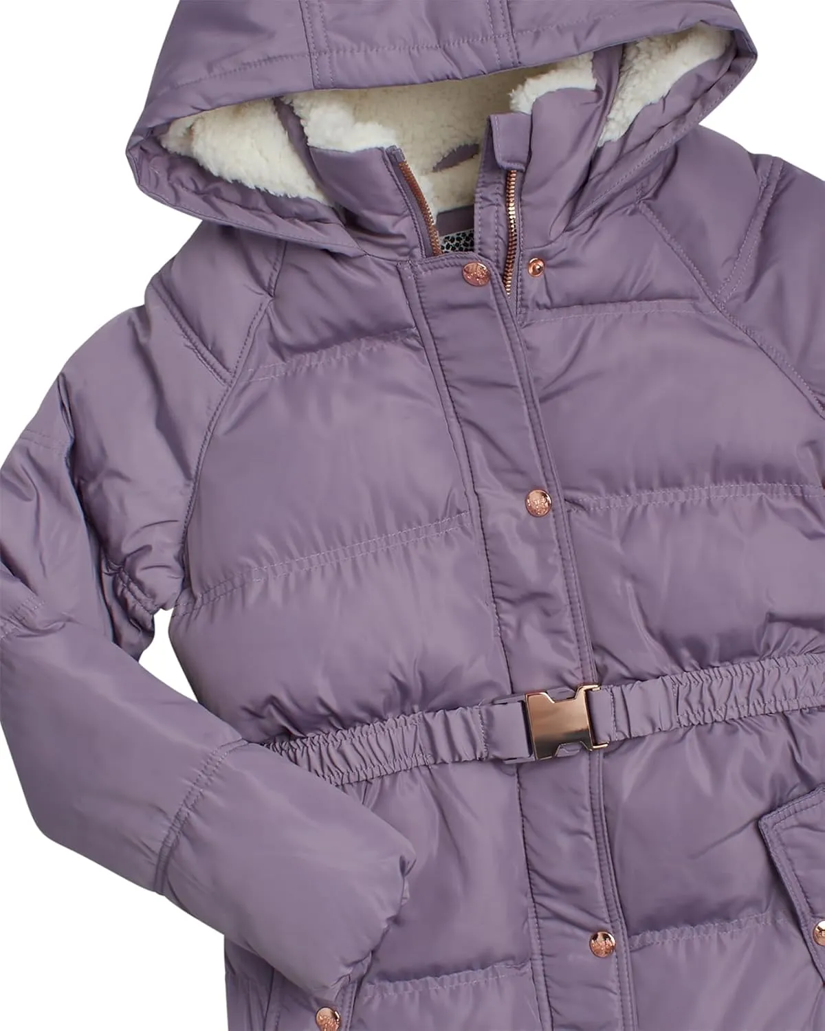 Girls' Quilted Puffer Jacket - Faux Memory Belted Winter Coat for Girls with Cozy Sherpa Lining (7-16)