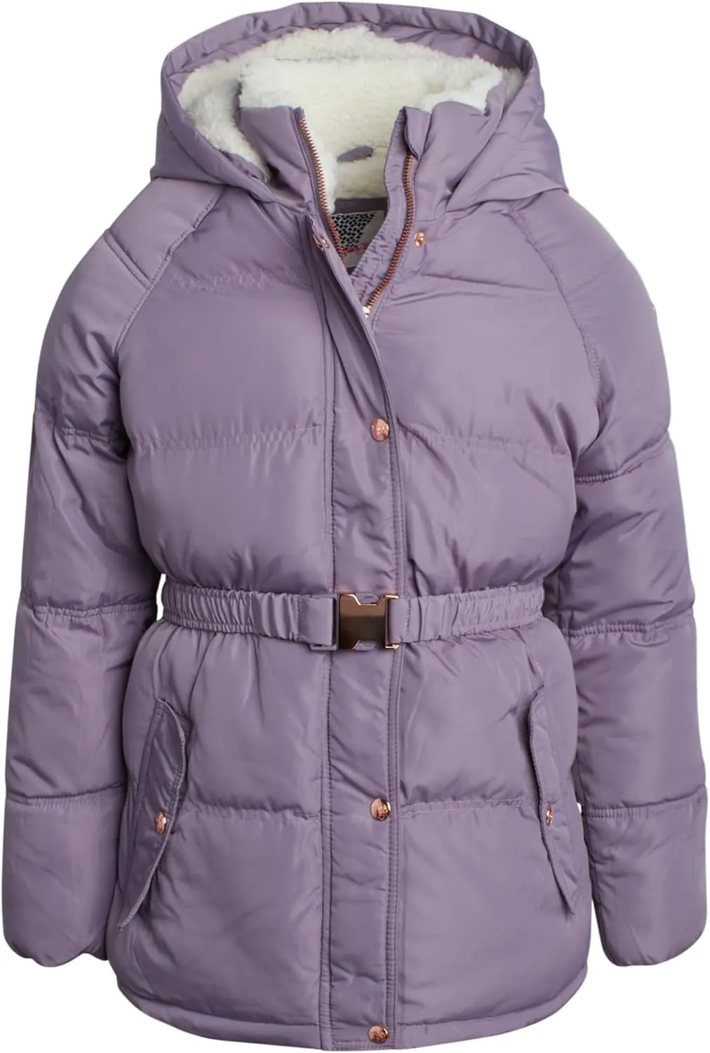 Girls' Quilted Puffer Jacket - Faux Memory Belted Winter Coat for Girls with Cozy Sherpa Lining (7-16)