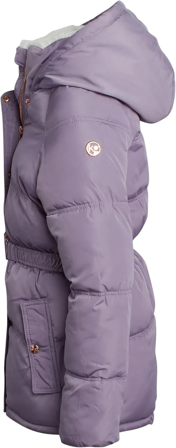 Girls' Quilted Puffer Jacket - Faux Memory Belted Winter Coat for Girls with Cozy Sherpa Lining (7-16)
