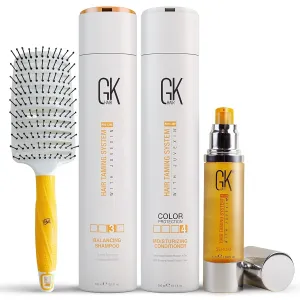 GK HAIR Global Keratin Balancing Shampoo & Moisturizing Conditioner 300ml Set for Oily to Normal & Organic Argan Oil Serum 50ml For Frizz Control Dry Damage with Vent Brush 2.5 Inch