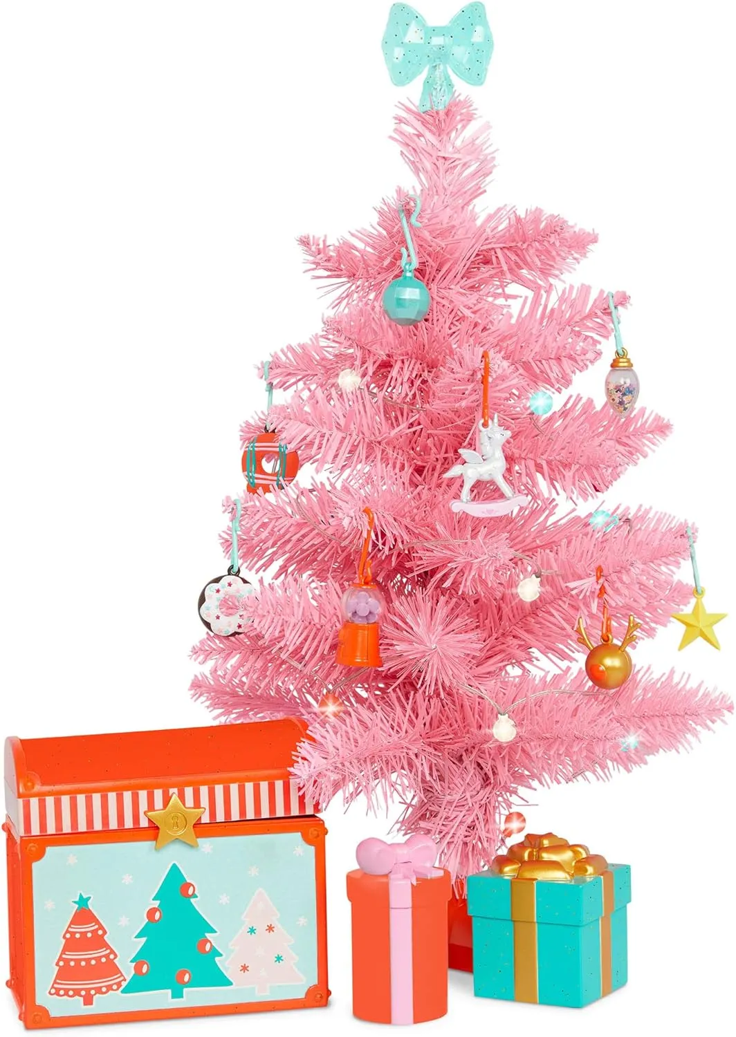Glitter Girls – Winter Tree Playset – 27pcs Deluxe Decorating Set – Working String Lights & Gift Boxes – 9 Cute Ornaments & Storage Chest – 3 Years   – Holiday Tree Set