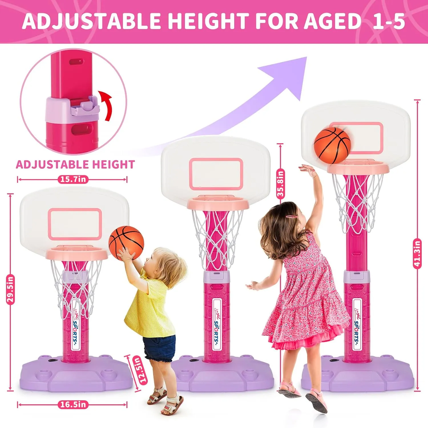GMAOPHY Toddler Basketball Hoop Indoor/Outdoor, Adjustable Pink Mini Hoop with 3 Balls, Ages 1-3