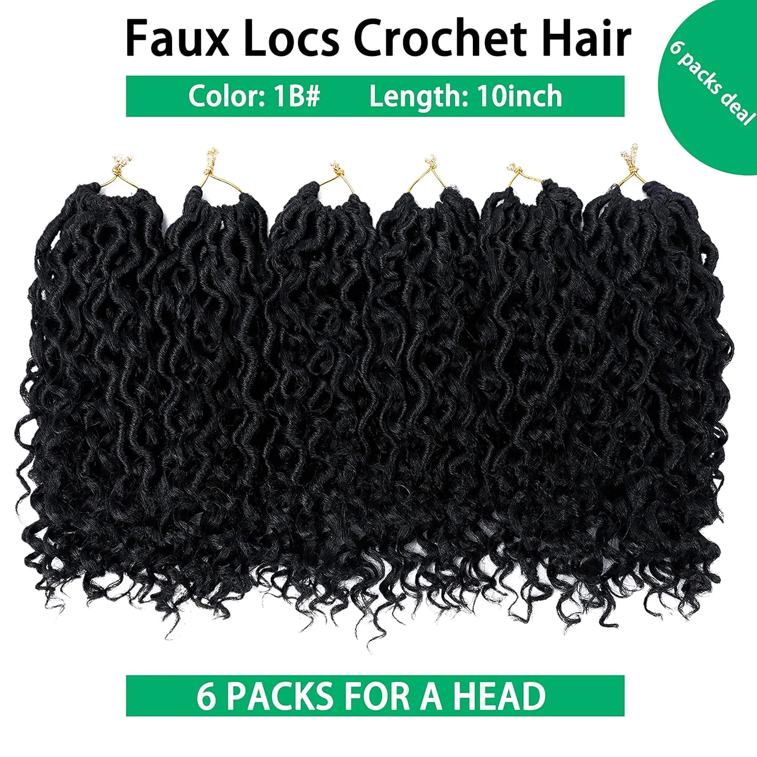 Goddess Locs Crochet Hair 10 Inch Faux Locs Crochet Hair for Women Soft River Locs Short Curly Pre Looped Crochet Braids with Curly Ends Boho Hippie Locs Synthetic Hair Extensions 6 (packs, #1b)