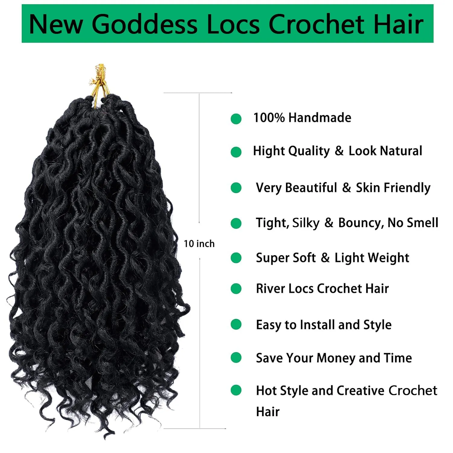 Goddess Locs Crochet Hair 10 Inch Faux Locs Crochet Hair for Women Soft River Locs Short Curly Pre Looped Crochet Braids with Curly Ends Boho Hippie Locs Synthetic Hair Extensions 6 (packs, #1b)