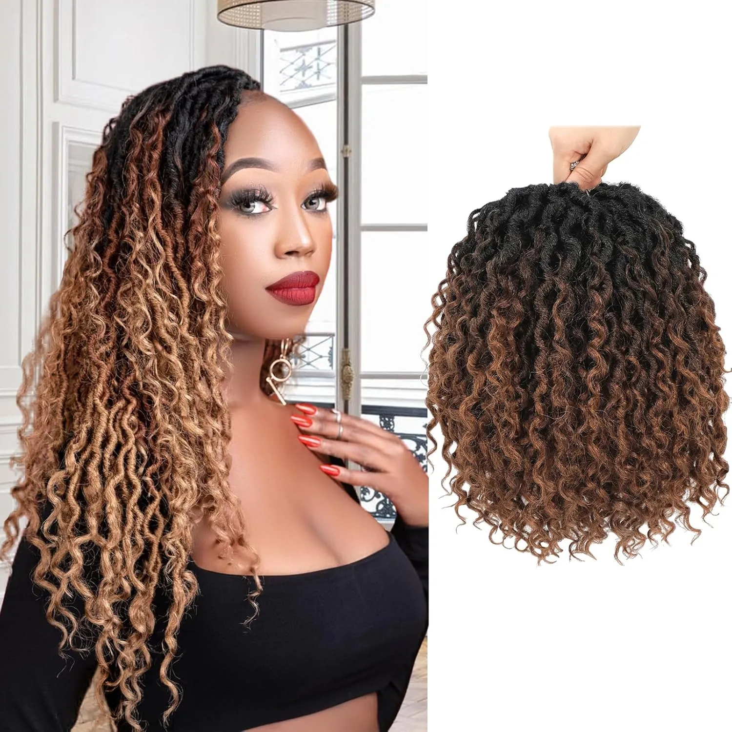 Goddess Locs Crochet Hair 10 Inch PreLooped Crochet Hair for Black Women 6 Packs Crochet Faux Locs With Curly Ends Ombre Brown T1b/4/30