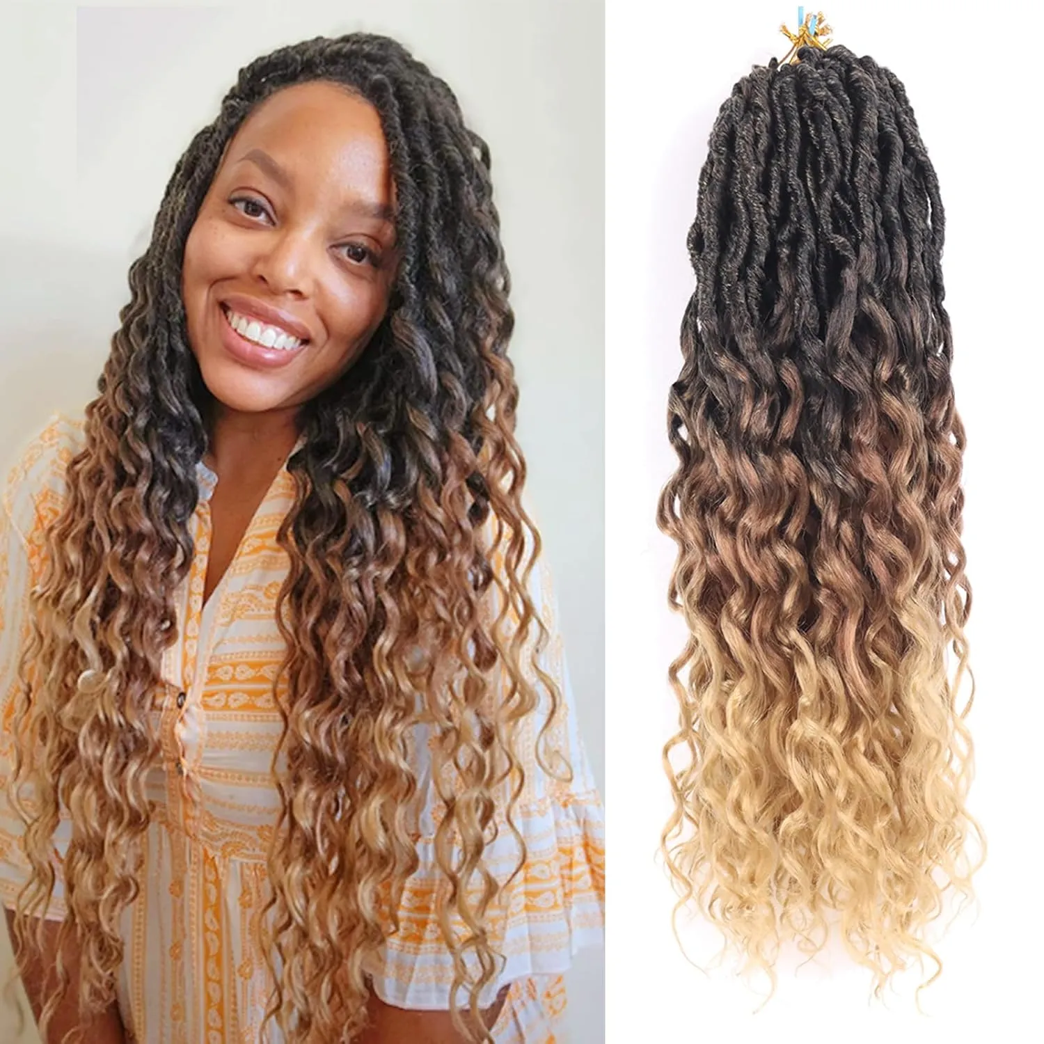 Goddess Locs Crochet Hair 18 Inch 8 Packs Soft Faux Locs Crochet Hair for Black Women Pre Looped Deep Wave Crochet Braids with Curly Ends Synthetic Hair Extensions (18 Inch/Pack of 8, 1B/30/27)