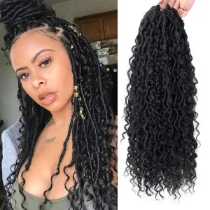 Goddess Locs Crochet Hair 18Inch Pre-looped River Faux Locs Curly Faux loc Bohemian Soft Boho Crochet Braids 4Packs(1B, 18inch)