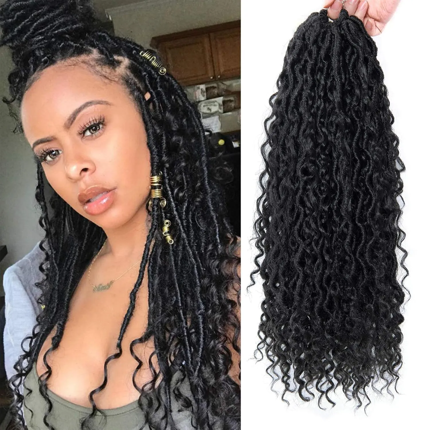 Goddess Locs Crochet Hair 18Inch Pre-looped River Faux Locs Curly Faux loc Bohemian Soft Boho Crochet Braids 4Packs(1B, 18inch)