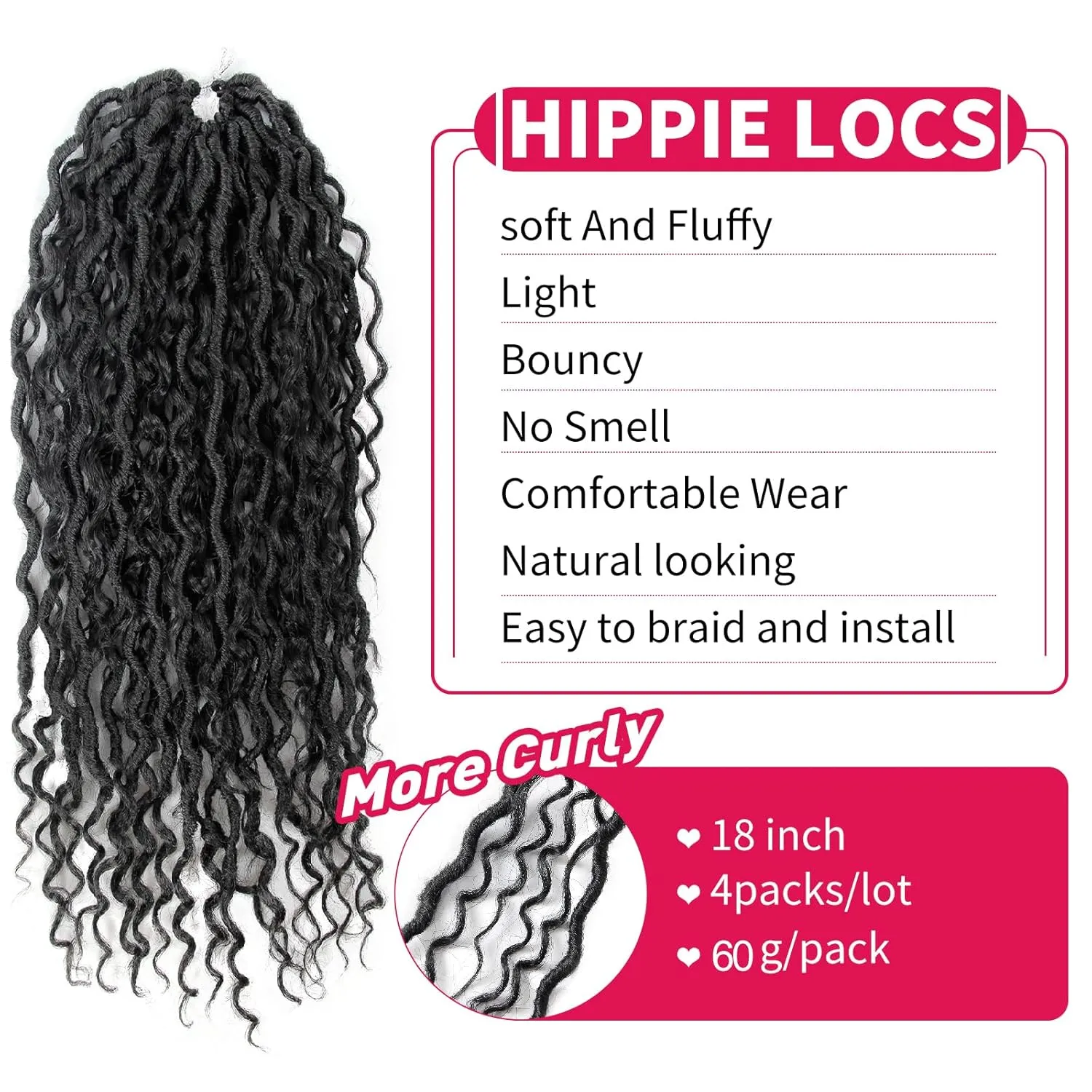 Goddess Locs Crochet Hair 18Inch Pre-looped River Faux Locs Curly Faux loc Bohemian Soft Boho Crochet Braids 4Packs(1B, 18inch)