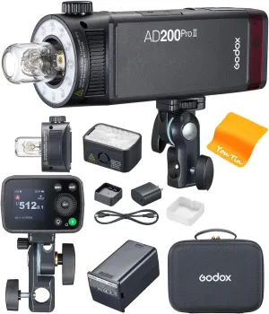 Godox AD200 Pro II AD200Pro II Flash Strobe Monolight, One-Tap sync with X3 Trigger, Bi-Color LED Modeling Lamp,1/512 to 1/1 in 0.1 Increment Steps, 0.01-1.8s Recycle time,16 Color Groups Indicator