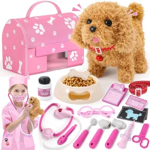 Golray Toy Dog for Kids Girl Vet Doctor Kit, Interactive Dog Can Walk Bark with 21pcs Puppy Veterinarian Set & Doctor Outfit & Carrier, Pretend Pet Toy Christmas Birthday Gift Toddler Girl Age 3 4 5 6