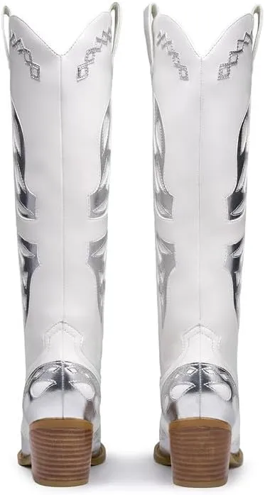 GOSERCE Women's Western Pointed toe Metallic Mid-Calf Cowboy Boots Knee High Cowgirl Boots Colorful sparkly Boots
