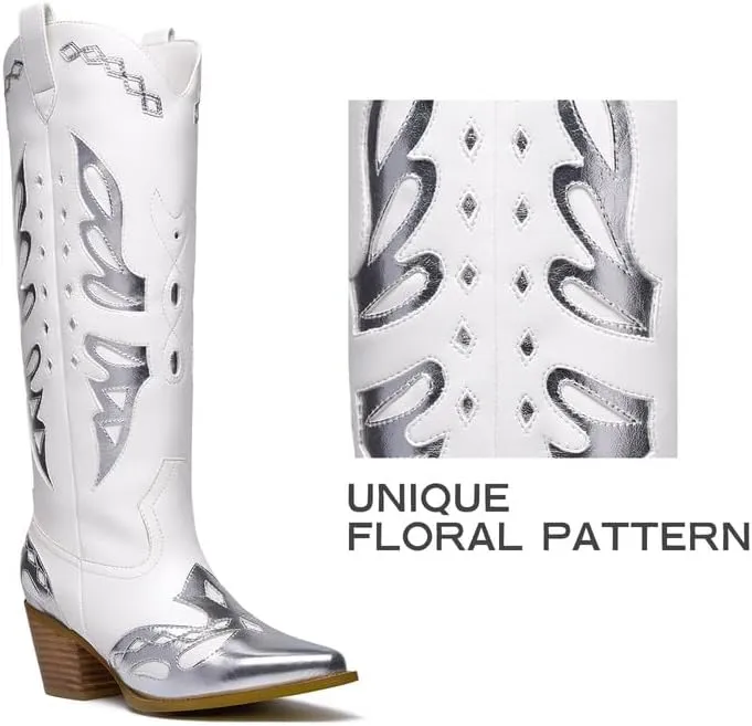 GOSERCE Women's Western Pointed toe Metallic Mid-Calf Cowboy Boots Knee High Cowgirl Boots Colorful sparkly Boots