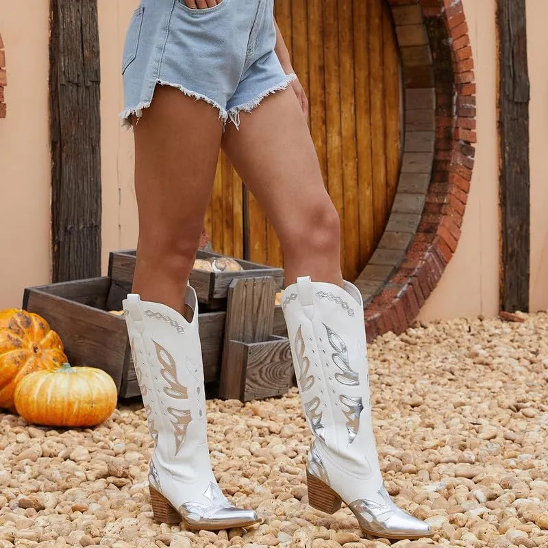 GOSERCE Women's Western Pointed toe Metallic Mid-Calf Cowboy Boots Knee High Cowgirl Boots Colorful sparkly Boots