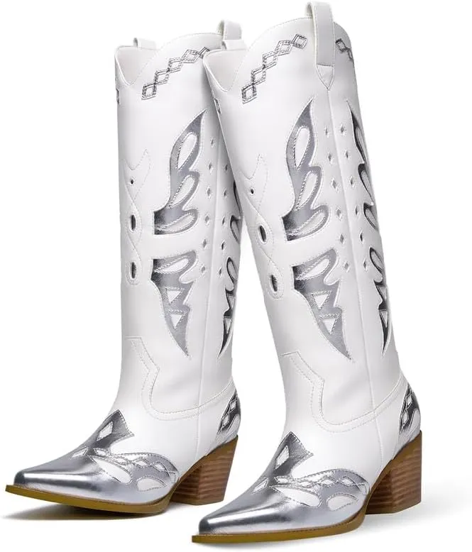 GOSERCE Women's Western Pointed toe Metallic Mid-Calf Cowboy Boots Knee High Cowgirl Boots Colorful sparkly Boots