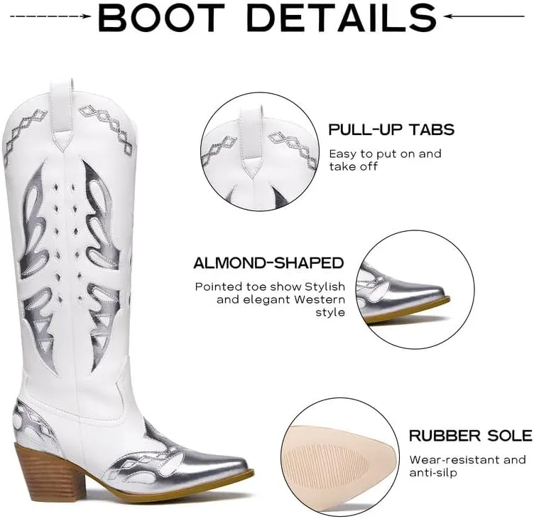 GOSERCE Women's Western Pointed toe Metallic Mid-Calf Cowboy Boots Knee High Cowgirl Boots Colorful sparkly Boots