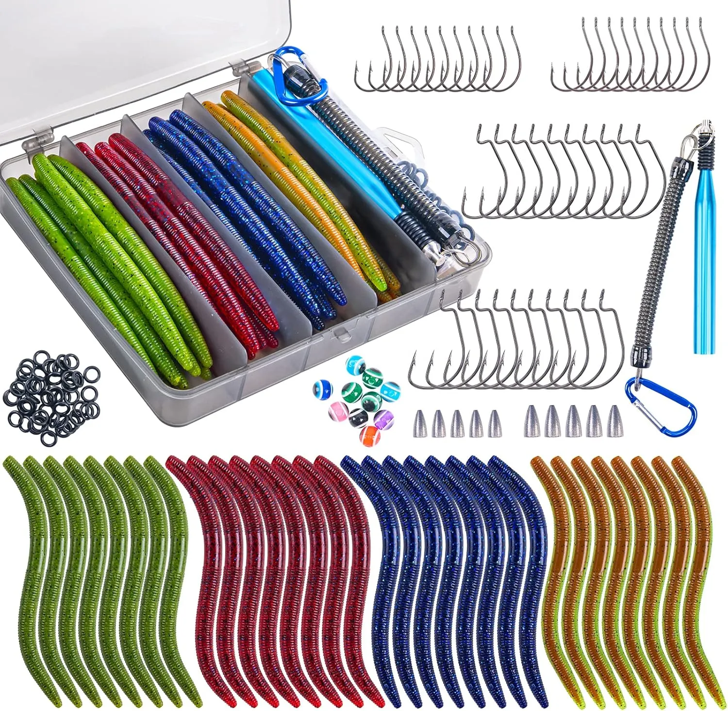 Goture Wacky Worm Fishing Lure Kit with Soft Plastics, Wacky Rig Tools, O-Rings, Worm & Drop Shot Hooks, Beads, Weights & Tackle Box