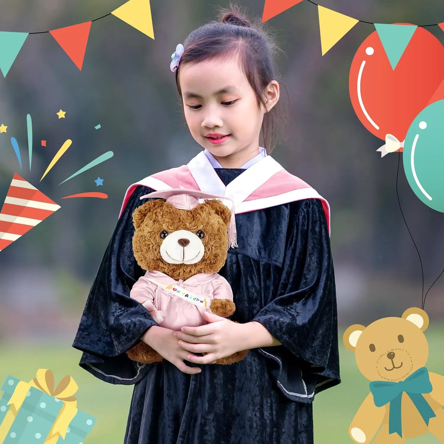 Graduation Bears 2025 Plush Stuffed Animal Bear with Gown Cap Tassel Set Cute Brown Graduate Gifts Stuffed Animal Doll Plush Toy for Graduation Party Supplies(13.8 Inch,Pink)