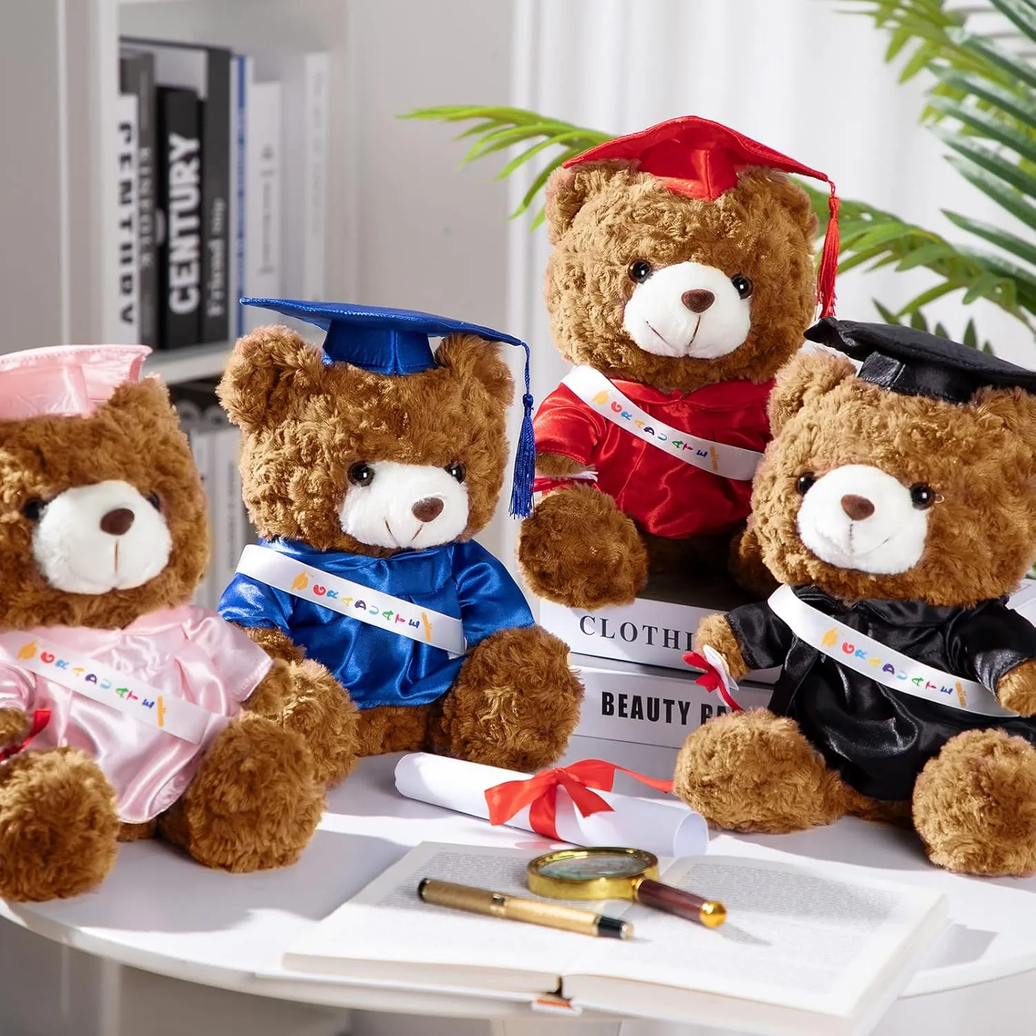 Graduation Bears 2025 Plush Stuffed Animal Bear with Gown Cap Tassel Set Cute Brown Graduate Gifts Stuffed Animal Doll Plush Toy for Graduation Party Supplies(13.8 Inch,Pink)