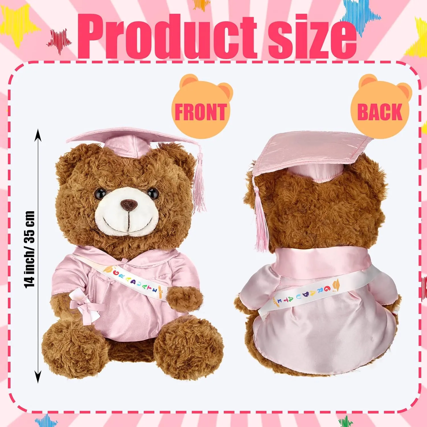 Graduation Bears 2025 Plush Stuffed Animal Bear with Gown Cap Tassel Set Cute Brown Graduate Gifts Stuffed Animal Doll Plush Toy for Graduation Party Supplies(13.8 Inch,Pink)