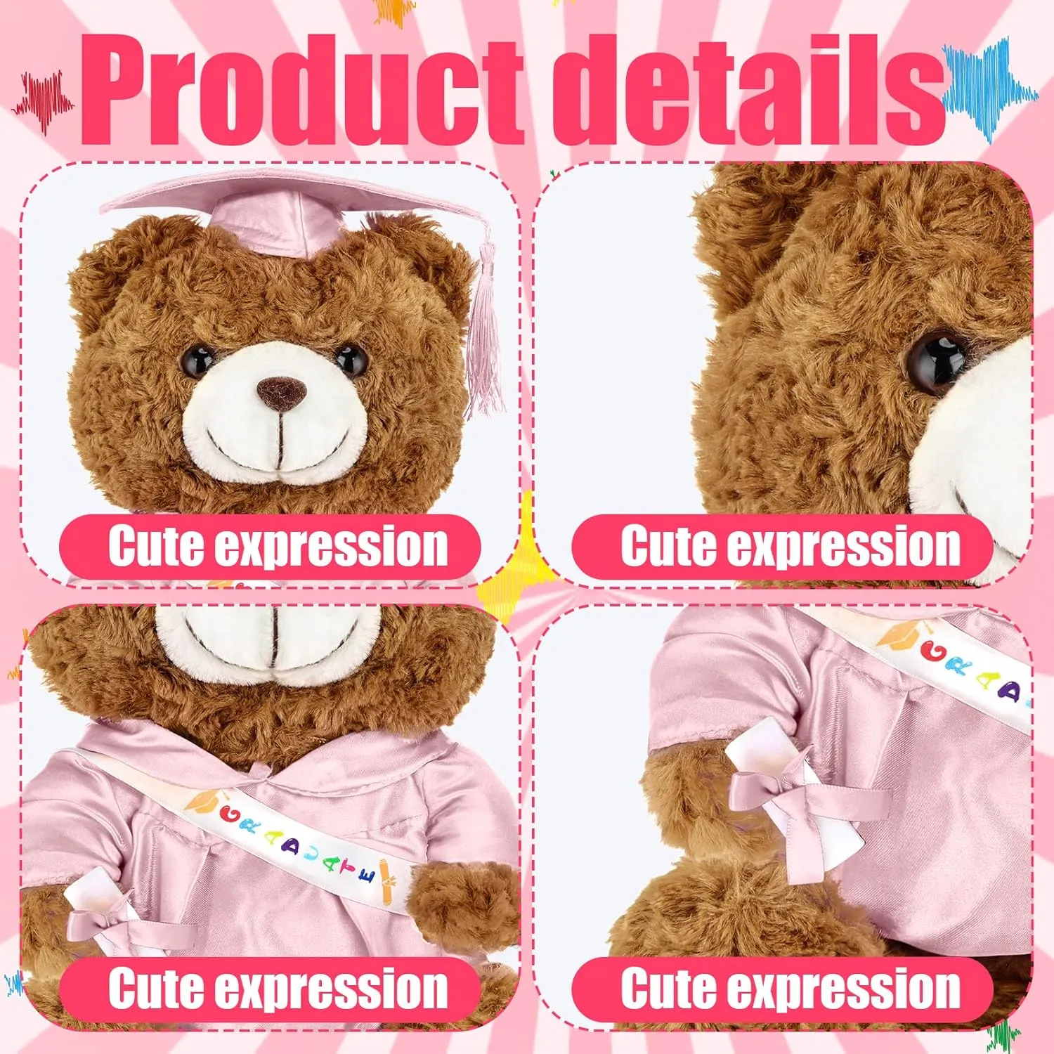 Graduation Bears 2025 Plush Stuffed Animal Bear with Gown Cap Tassel Set Cute Brown Graduate Gifts Stuffed Animal Doll Plush Toy for Graduation Party Supplies(13.8 Inch,Pink)