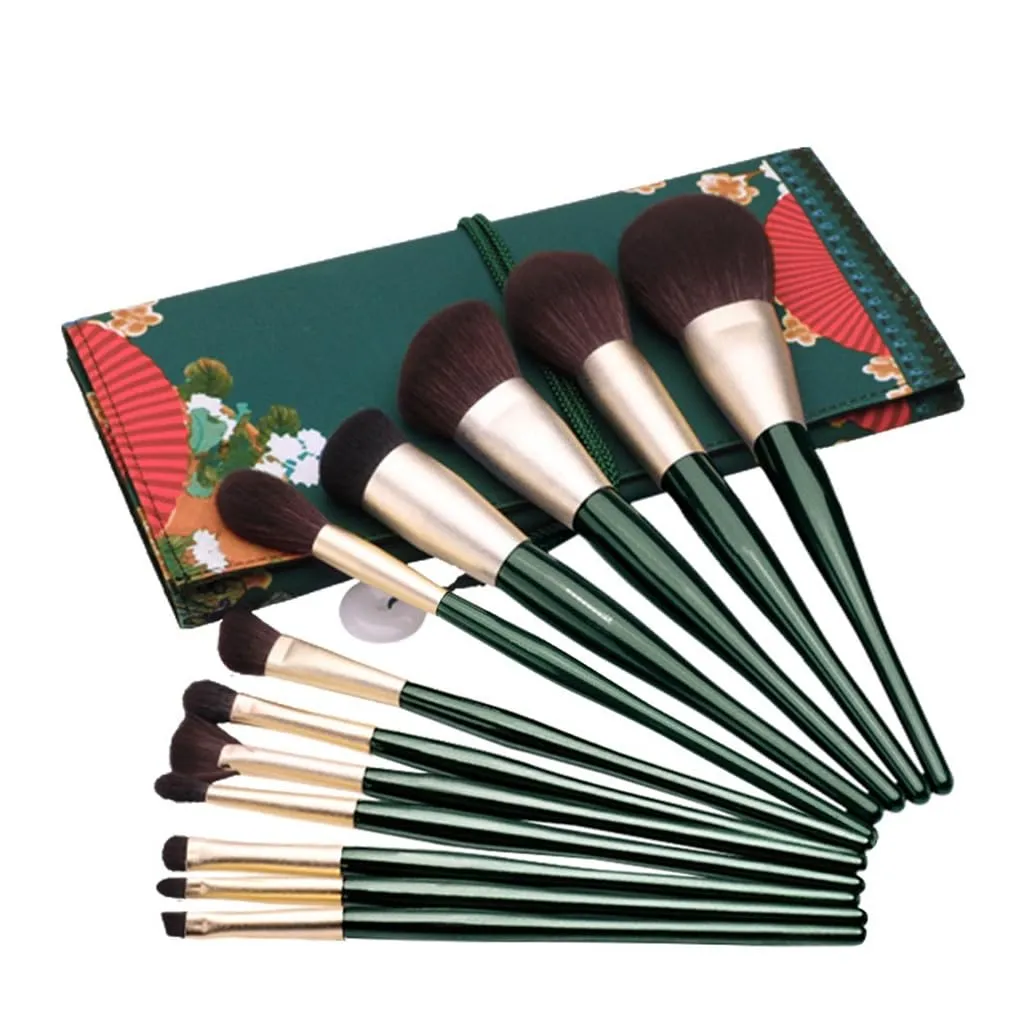Green Wooden Handle Makeup Brush Set 12pcs Makeup Brushes Complete Set of Makeup Brushes