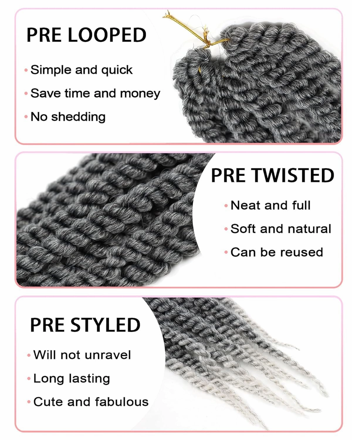 Grey Crochet Hair for Black Women 10 Inch 7 Packs Havana Twist Crochet Hair Pre Looped Jumbo Senegalese Twist Crotchet Braids Bob Rope Twists (10 Inch,Black to Grey)